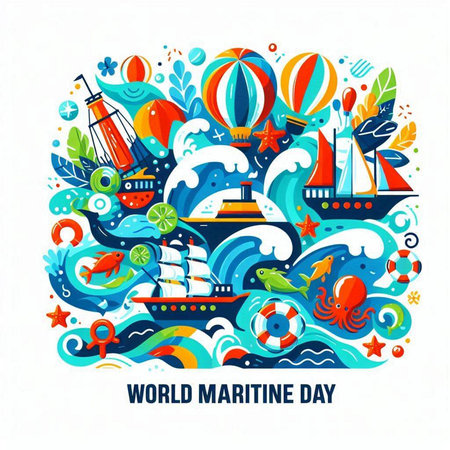World Maritime Day poster with hand drawn doodle elements. Vector illustration.のイラスト素材