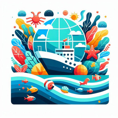 Vector illustration of a cruise ship in the sea with marine life.のイラスト素材