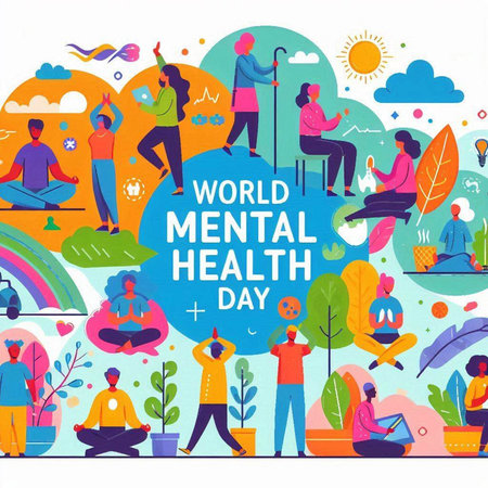 World Mental Health Day. People doing yoga, meditation, yoga, meditation, relaxation. Flat vector illustration.のイラスト素材