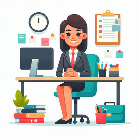 Businesswoman sitting at desk in office. Vector illustration in cartoon styleのイラスト素材