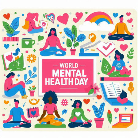 World Mental Health Day. Vector illustration in flat style with people and symbols.のイラスト素材