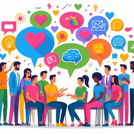 Group of people sitting in line and talking with speech bubbles. Vector illustrationのイラスト素材