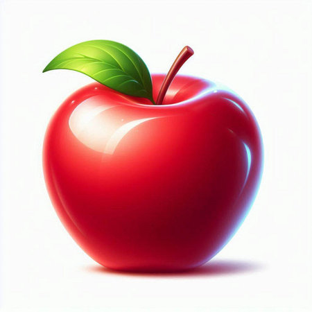 Illustration of a red apple with leaf on a white background.のイラスト素材