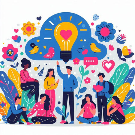 Flat design vector illustration concept of people sharing ideas, brainstorming and planning.のイラスト素材