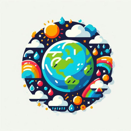 Earth planet with sun and clouds. Vector illustration in flat style.のイラスト素材