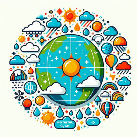 Vector illustration of globe with weather icons in circle shape. Flat designのイラスト素材