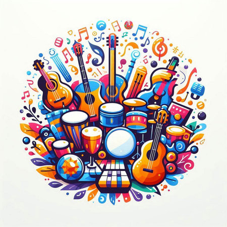 Colorful musical instruments round composition with guitar, drums, tambourine and other instruments. Vector illustration.のイラスト素材
