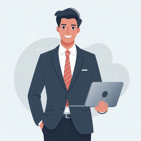 Businessman with laptop in hand. Vector illustration in flat style.のイラスト素材