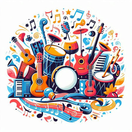 Music background with musical instruments and notes. Vector illustration in cartoon styleのイラスト素材