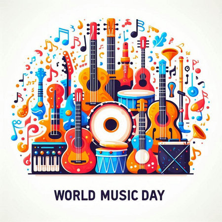 World music day poster with musical instruments in circle shape. Vector illustrationのイラスト素材