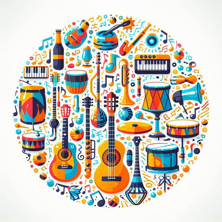 Colorful musical instruments in circle composition on white background. Vector illustration.のイラスト素材
