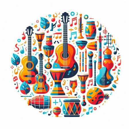 Musical instruments round composition with guitar, drum, tambourine, ukulelecas and other musical instruments isolated vector illustrationのイラスト素材