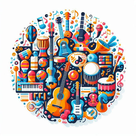 Music cartoon doodle illustration. Round composition with musical instruments and objectsのイラスト素材