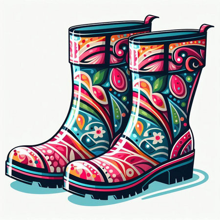 Vector illustration of colorful rubber boots with floral ornament on white background.のイラスト素材