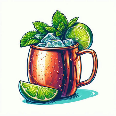 Mojito cocktail with lime, mint and ice. Vector illustration.のイラスト素材