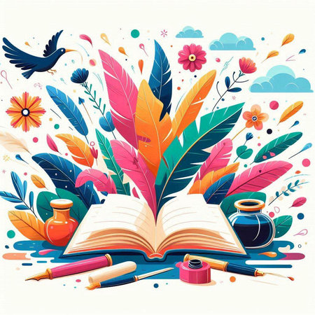 Vector illustration of open book with feather pen, inkwell, flowers and birds.のイラスト素材