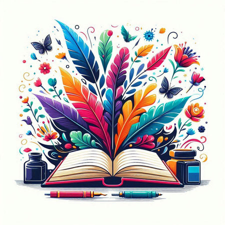 Vector illustration of open book with colorful feathers, ink, flowers and butterfliesのイラスト素材