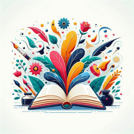 Vector illustration of an open book with a feather, inkwell and flowersのイラスト素材