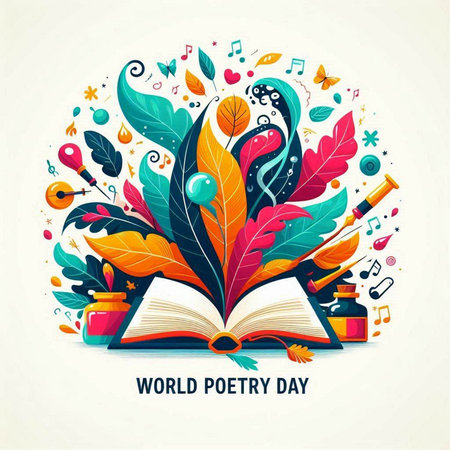 World Poetry Day. Vector illustration with colorful flowers, leaves, musical notes and open book.のイラスト素材