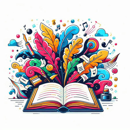 Book hand drawn doodle illustration. Colorful detailed, with lots of objects background. Funny vector artwork.のイラスト素材