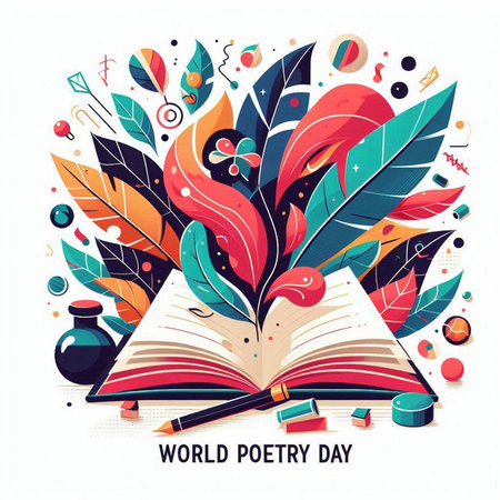 World Poetry Day. Vector illustration. Colorful composition with open book, quill pen and flowers.のイラスト素材