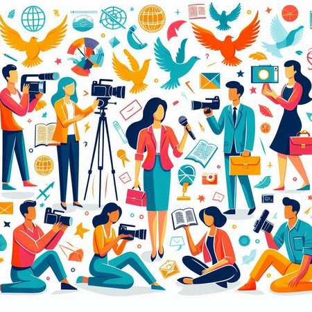Journalism and news background with reporter, journalist, cameraman, journalist, journalist, journalist, reporter, reporter. Vector illustration.のイラスト素材