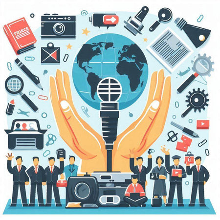 Journalism and journalism concept with hands holding microphone and world globe, flat vector illustrationのイラスト素材