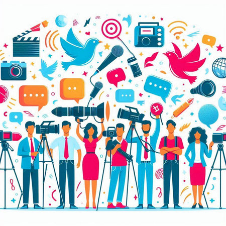 Journalism and news concept. Flat design vector illustration. Group of journalists, cameraman and reporter with camera and microphones.のイラスト素材