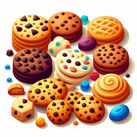 Chocolate chip cookies and candies on white background. Vector illustration.のイラスト素材
