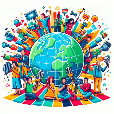 Journalism, news and information concept. Group of people with microphones and globe. Vector illustrationのイラスト素材