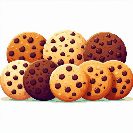 Illustration of a pile of chocolate chip cookies on a white backgroundのイラスト素材