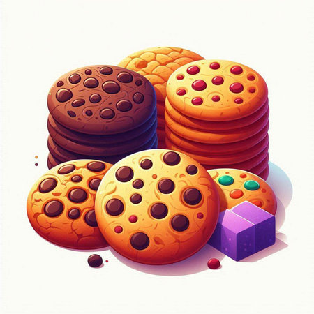 Illustration of chocolate chip cookies and colorful candies on white backgroundのイラスト素材