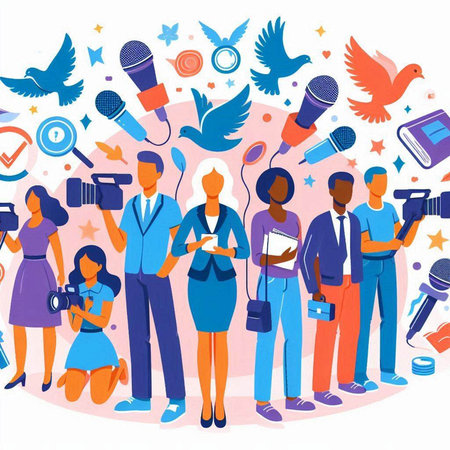 Journalists and journalists with microphones and cameras. Flat vector illustration.のイラスト素材