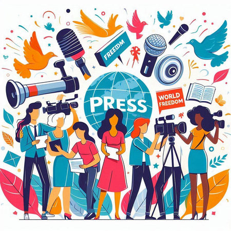 Journalism and press concept. Group of journalists with microphones, camera, microphone and magazine. Vector illustrationのイラスト素材