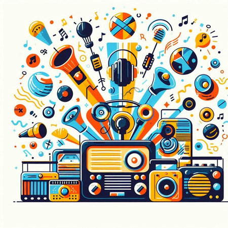 Vector illustration of Colorful Music Background with Stereo speakers, Microphones and Music Notesのイラスト素材
