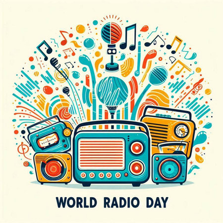 World Radio Day. Vector illustration with colorful doodle elements.のイラスト素材