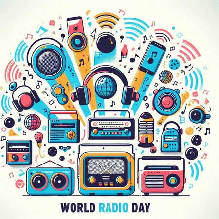 World Radio Day. Vector illustration with colorful hand drawn doodle elements.のイラスト素材