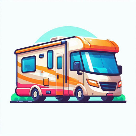 Camping trailer in flat cartoon style. Vector illustration for your designのイラスト素材