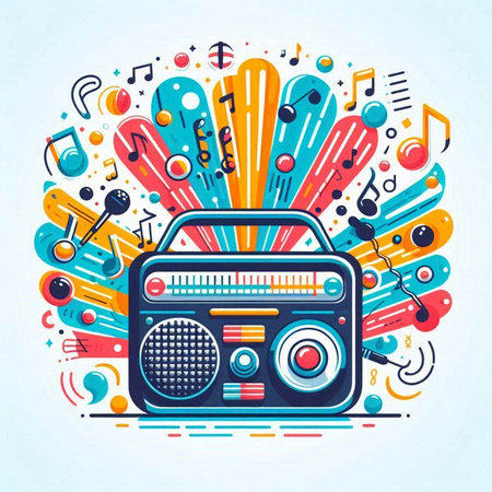 Vector illustration of retro radio with colorful doodles on white background.のイラスト素材