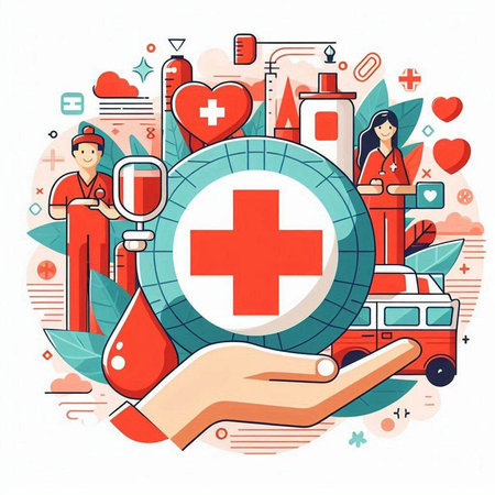 Vector illustration in flat style with icons of medical care, ambulance, first aid kit and blood donation.のイラスト素材