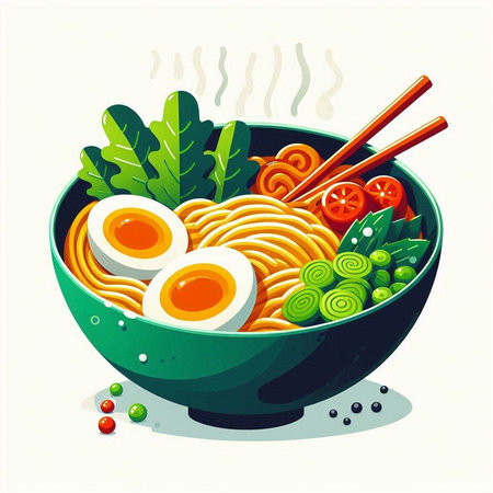 Bowl of noodle soup with egg and vegetables. Vector illustration.のイラスト素材