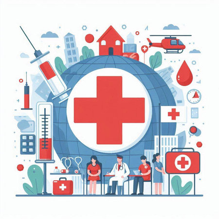 Vector illustration of medical and healthcare. Doctor, nurse, doctor, scientist, surgeon, ambulance, helicopter, globe, hospital. Concept for web banner, infographics, hero images.のイラスト素材