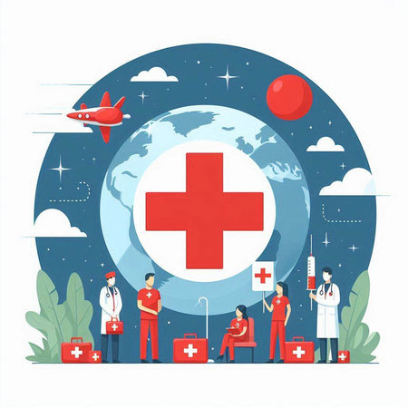 First aid kit and doctors on the background of the globe. Vector illustrationのイラスト素材