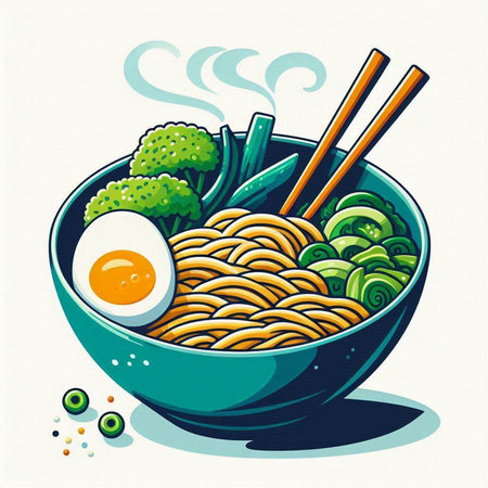 Illustration of a bowl of noodle with chopsticks and eggのイラスト素材