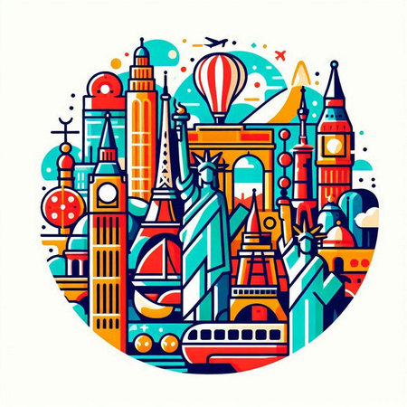 Travel to Europe. Vector colorful illustration with famous landmarks in round shape.のイラスト素材