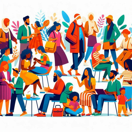 Crowd of people at coffee shop. Flat vector illustration. People in cafe.のイラスト素材