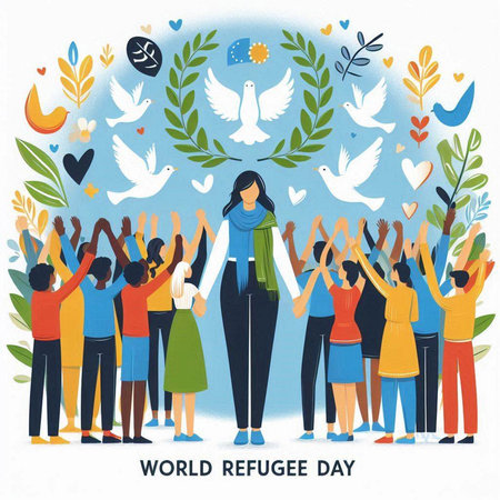 World Peace Day concept with people and peace symbols. Vector illustration.のイラスト素材