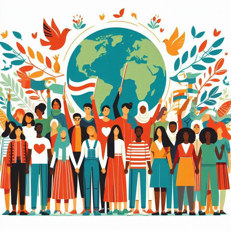 International Day of Families. Group of multiethnic people on the background of the Earth.のイラスト素材