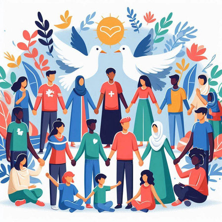 International Day of Peace concept. Group of people with peace dove. Vector illustrationのイラスト素材