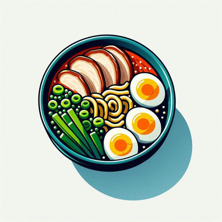 Bowl of noodle soup with pork and egg. Vector illustration.のイラスト素材